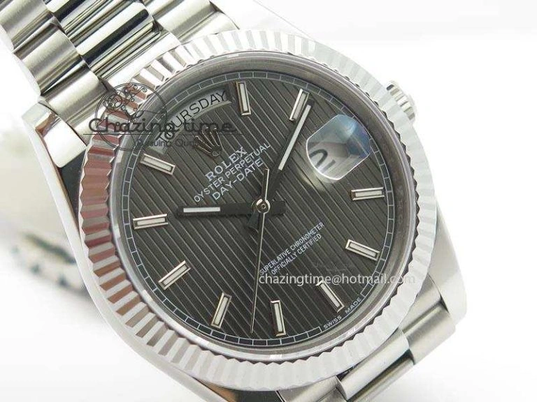 DayDate 40mm BP-Maker 228206 SS Gray Stick Dial (Fluted Bezel) On SS Bracelet ETA2836