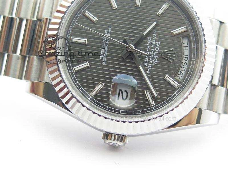 DayDate 40mm BP-Maker 228206 SS Gray Stick Dial (Fluted Bezel) On SS Bracelet ETA2836