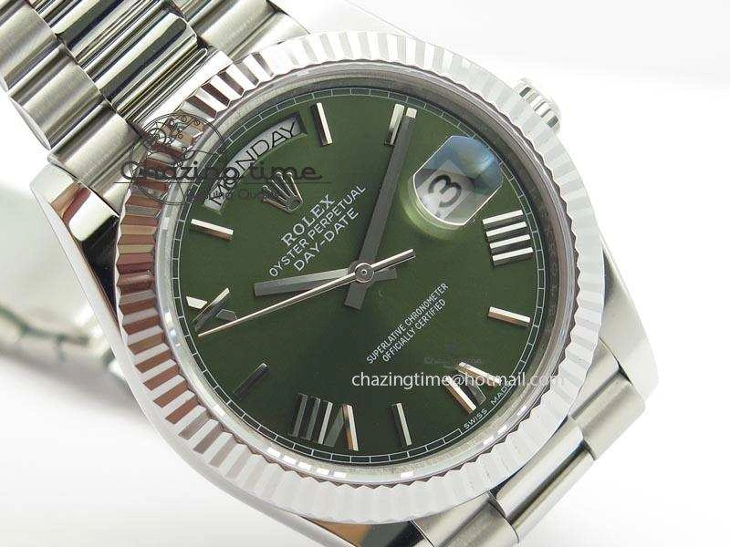 DayDate 40mm BP-Maker 228206 SS Green Roman Dial (Fluted Bezel) On SS Bracelet ETA2836