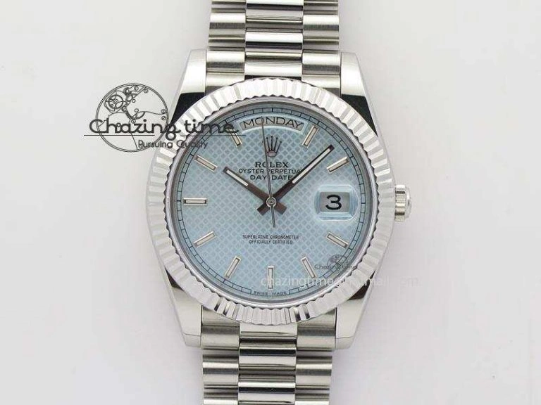 DayDate 40mm BP-Maker 228206 SS Ice Blue Stick Dial (Fluted Bezel) On SS Bracelet ETA2836