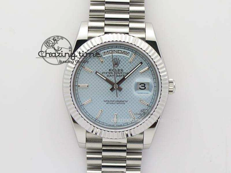 DayDate 40mm BP-Maker 228206 SS Ice Blue Stick Dial (Fluted Bezel) On SS Bracelet ETA2836