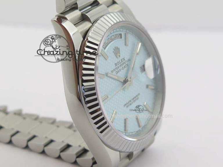 DayDate 40mm BP-Maker 228206 SS Ice Blue Stick Dial (Fluted Bezel) On SS Bracelet ETA2836