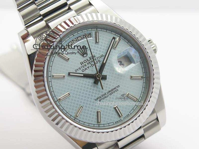 DayDate 40mm BP-Maker 228206 SS Ice Blue Stick Dial (Fluted Bezel) On SS Bracelet ETA2836