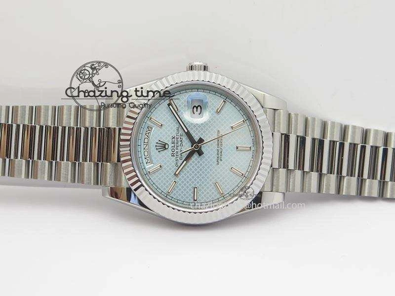 DayDate 40mm BP-Maker 228206 SS Ice Blue Stick Dial (Fluted Bezel) On SS Bracelet ETA2836