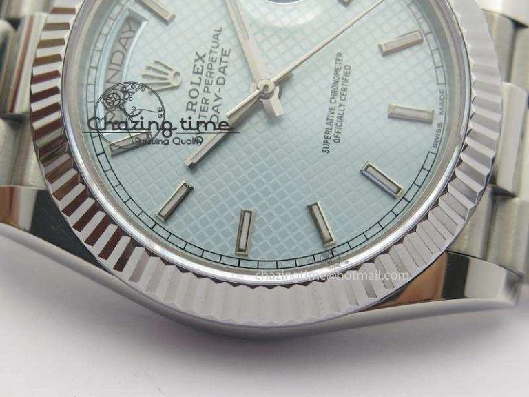 DayDate 40mm BP-Maker 228206 SS Ice Blue Stick Dial (Fluted Bezel) On SS Bracelet ETA2836