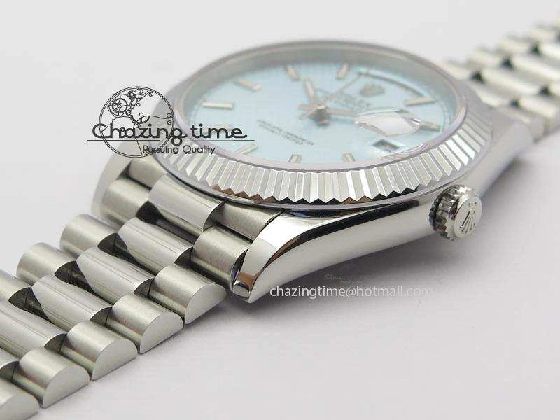 DayDate 40mm BP-Maker 228206 SS Ice Blue Stick Dial (Fluted Bezel) On SS Bracelet ETA2836
