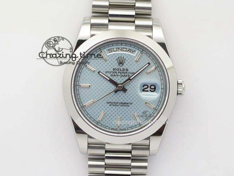 DayDate 40mm BP-Maker 228206 SS Ice Blue Stick Dial (Smooth Bezel) On SS Bracelet ETA2836