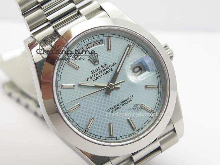 DayDate 40mm BP-Maker 228206 SS Ice Blue Stick Dial (Smooth Bezel) On SS Bracelet ETA2836