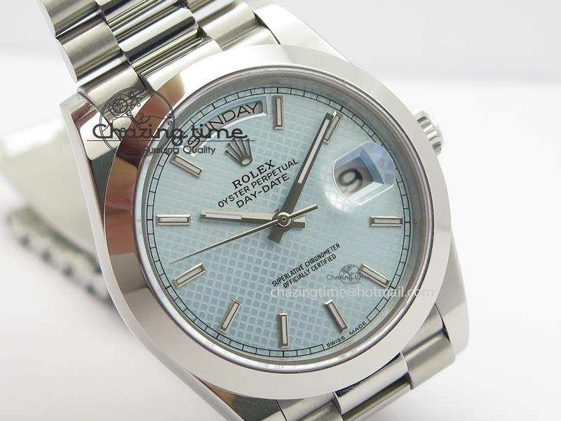 DayDate 40mm BP-Maker 228206 SS Ice Blue Stick Dial (Smooth Bezel) On SS Bracelet ETA2836