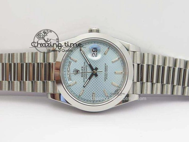 DayDate 40mm BP-Maker 228206 SS Ice Blue Stick Dial (Smooth Bezel) On SS Bracelet ETA2836