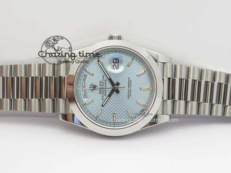 DayDate 40mm BP-Maker 228206 SS Ice Blue Stick Dial (Smooth Bezel) On SS Bracelet ETA2836
