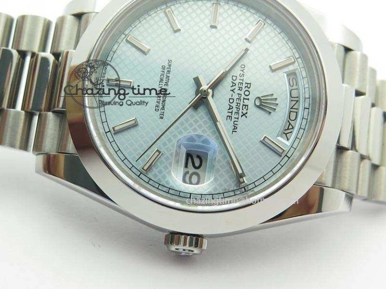DayDate 40mm BP-Maker 228206 SS Ice Blue Stick Dial (Smooth Bezel) On SS Bracelet ETA2836