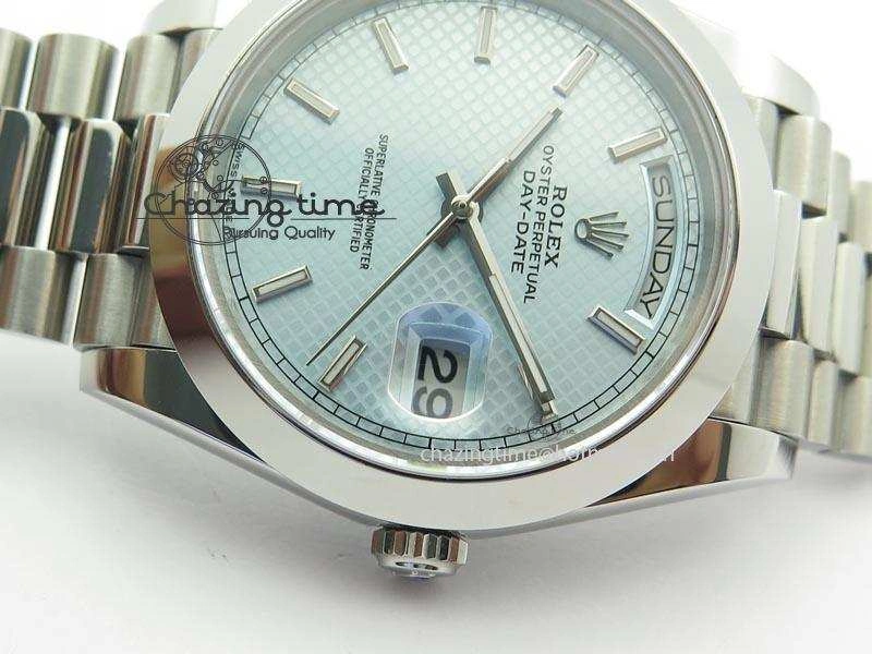 DayDate 40mm BP-Maker 228206 SS Ice Blue Stick Dial (Smooth Bezel) On SS Bracelet ETA2836