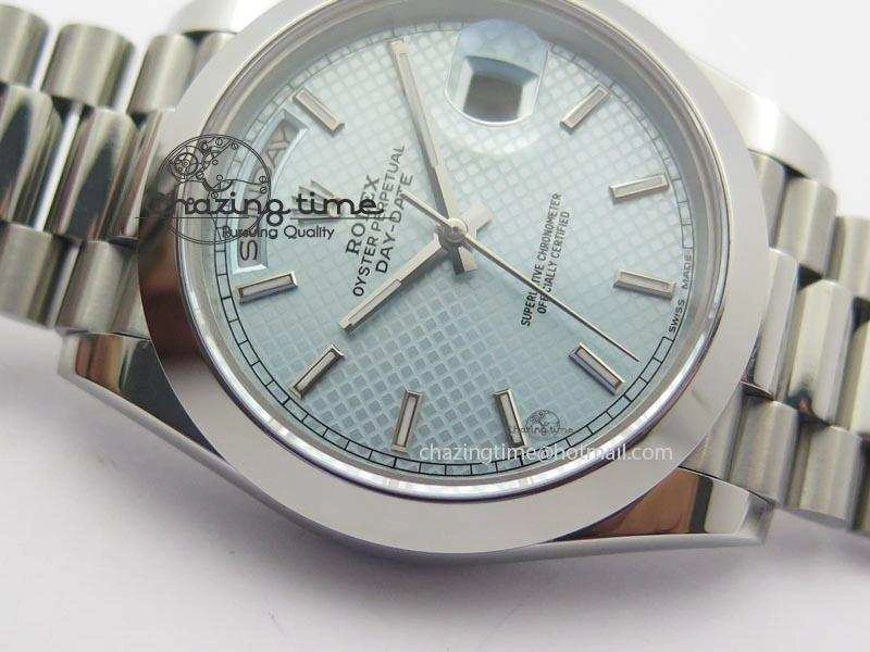 DayDate 40mm BP-Maker 228206 SS Ice Blue Stick Dial (Smooth Bezel) On SS Bracelet ETA2836