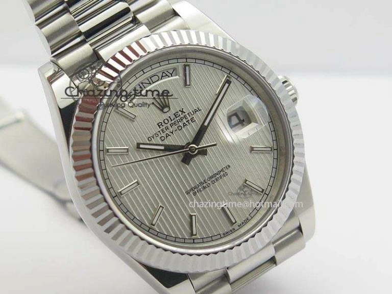 DayDate 40mm BP-Maker 228206 SS Silver Stick Dial (Fluted Bezel) On SS Bracelet ETA2836