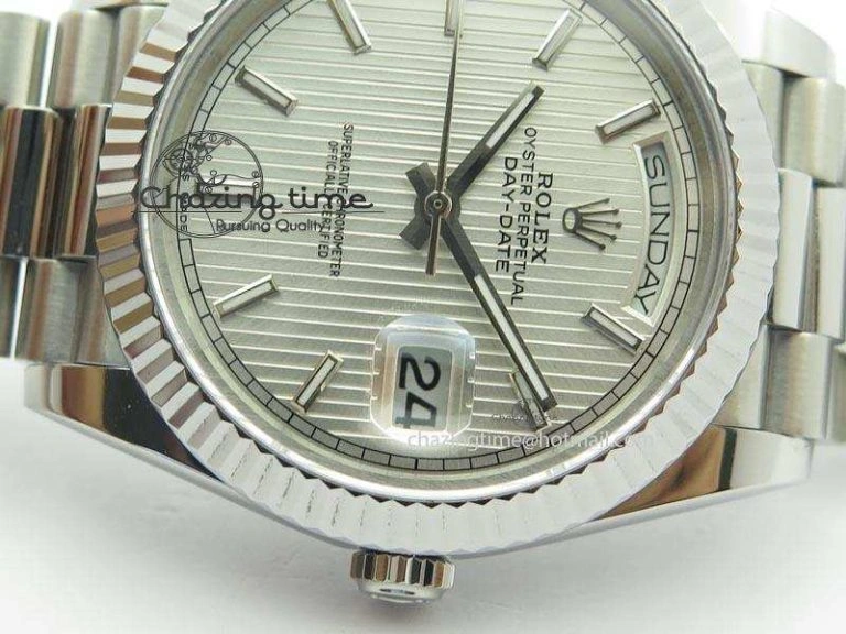 DayDate 40mm BP-Maker 228206 SS Silver Stick Dial (Fluted Bezel) On SS Bracelet ETA2836