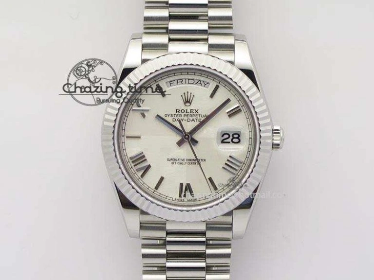 DayDate 40mm BP-Maker 228206 SS White Roman Dial (Fluted Bezel) On SS Bracelet ETA2836