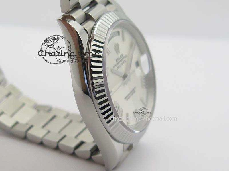 DayDate 40mm BP-Maker 228206 SS White Roman Dial (Fluted Bezel) On SS Bracelet ETA2836