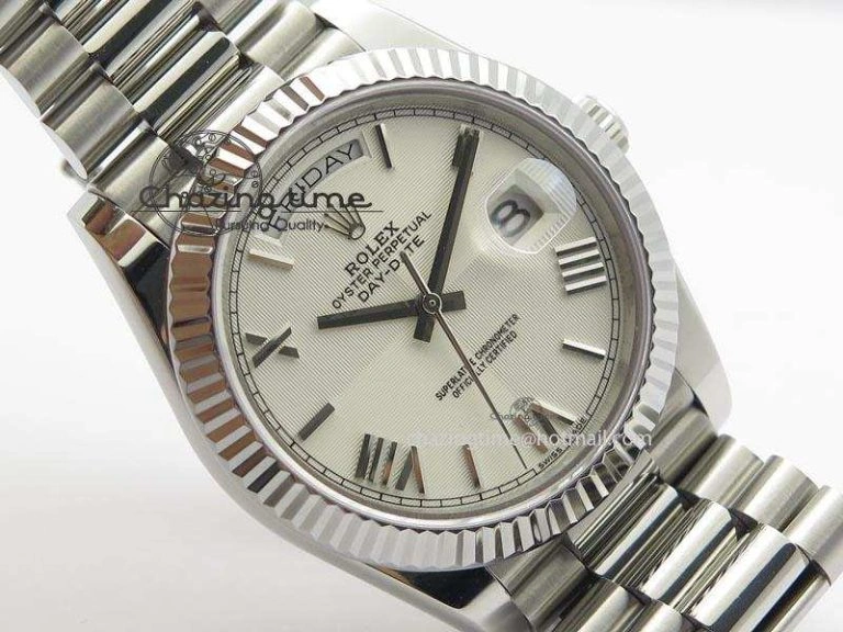 DayDate 40mm BP-Maker 228206 SS White Roman Dial (Fluted Bezel) On SS Bracelet ETA2836