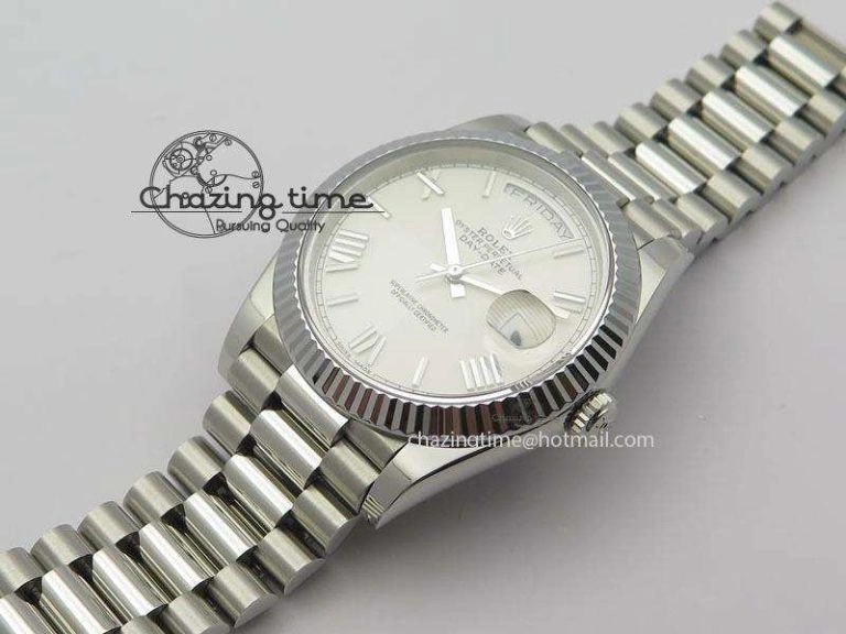 DayDate 40mm BP-Maker 228206 SS White Roman Dial (Fluted Bezel) On SS Bracelet ETA2836