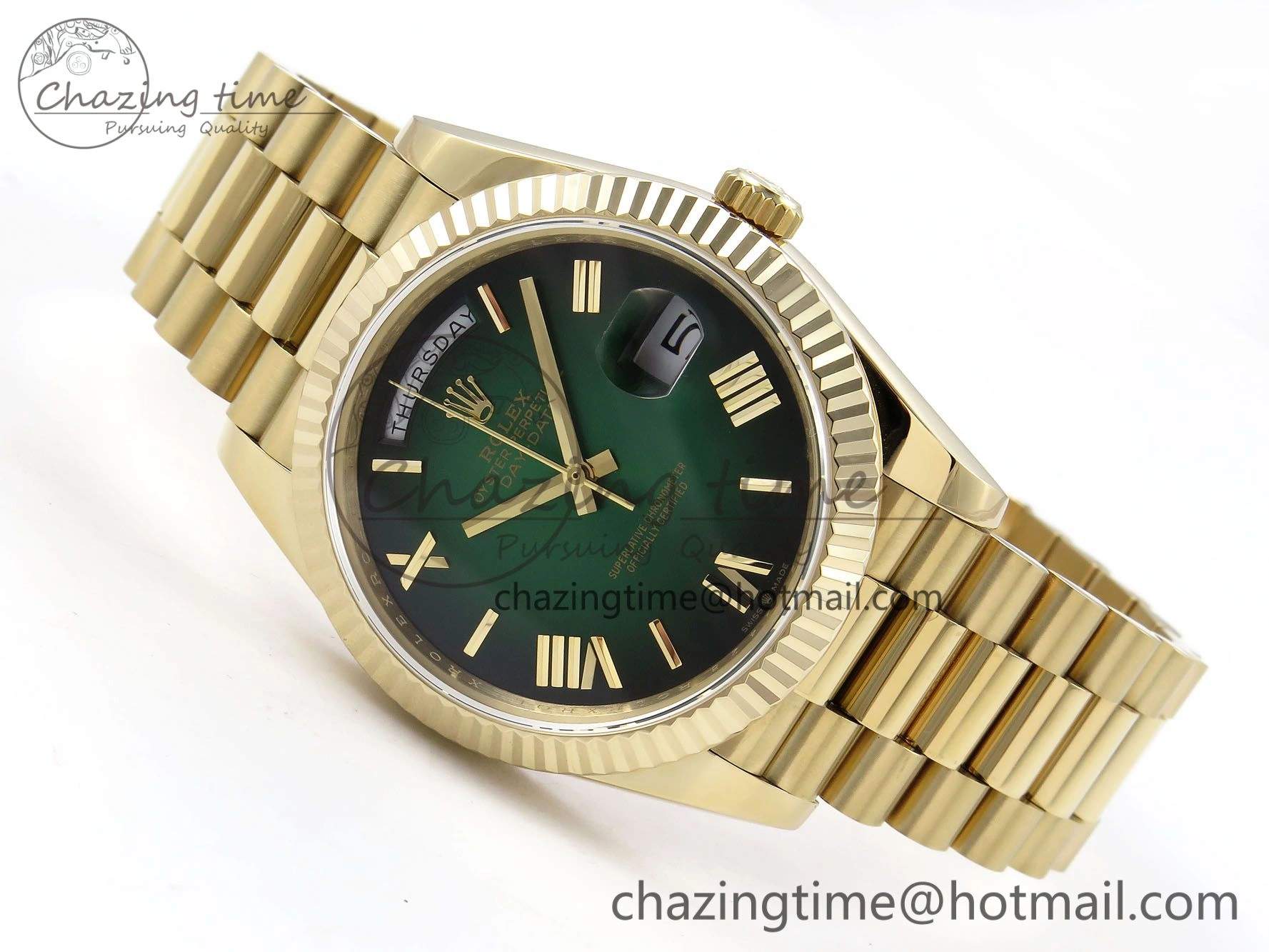 DayDate 40mm YG QF 1:1 Best Edition Green Roman Dial on President Bracelet A2824 (Gain Weight)