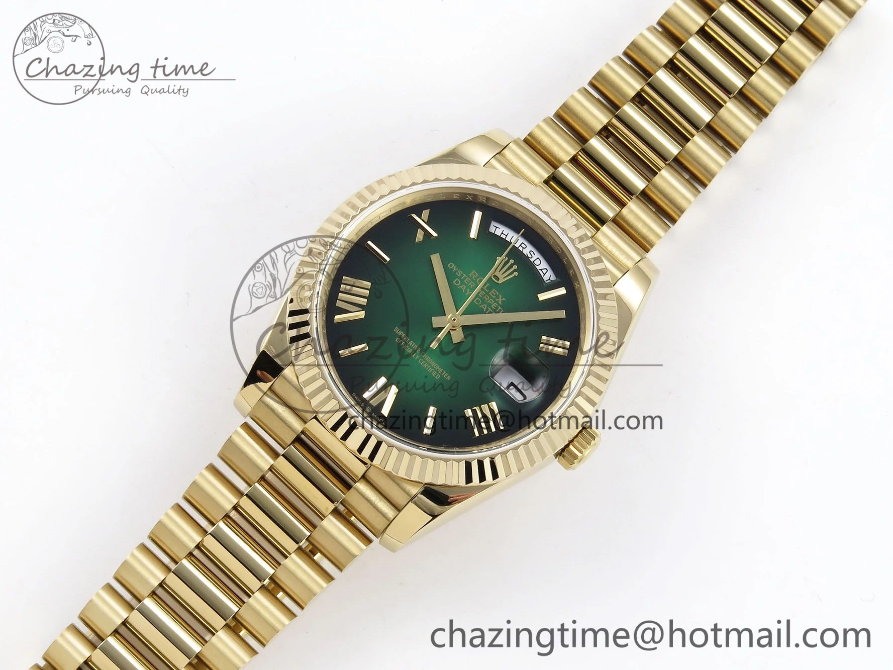 DayDate 40mm YG QF 1:1 Best Edition Green Roman Dial on President Bracelet A2824 (Gain Weight)