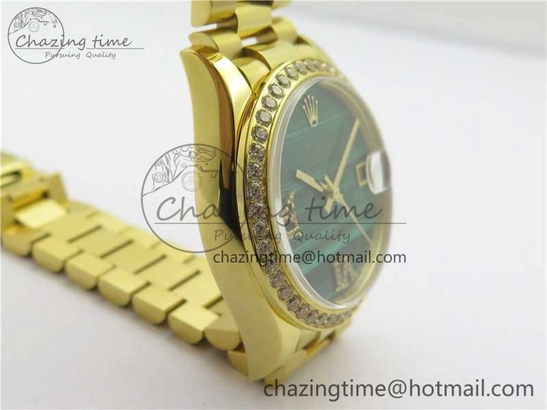 Daydate 278288 31mm YG EWF Best Edition Green Malachite Dial Crystal Markers on YG President Bracelet ETA2688
