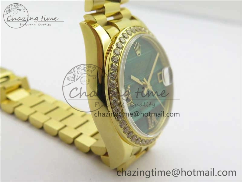 Daydate 278288 31mm YG EWF Best Edition Green Malachite Dial Crystal Markers on YG President Bracelet ETA2688