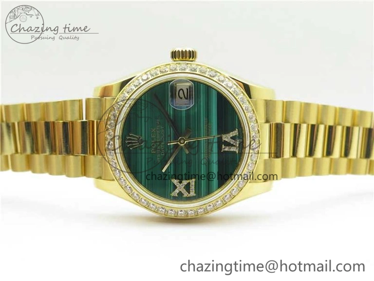 Daydate 278288 31mm YG EWF Best Edition Green Malachite Dial Crystal Markers on YG President Bracelet ETA2688