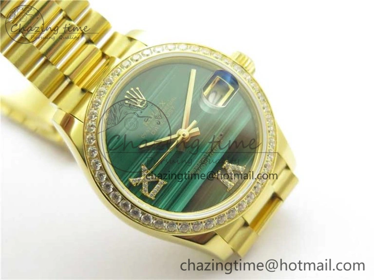Daydate 278288 31mm YG EWF Best Edition Green Malachite Dial Crystal Markers on YG President Bracelet ETA2688