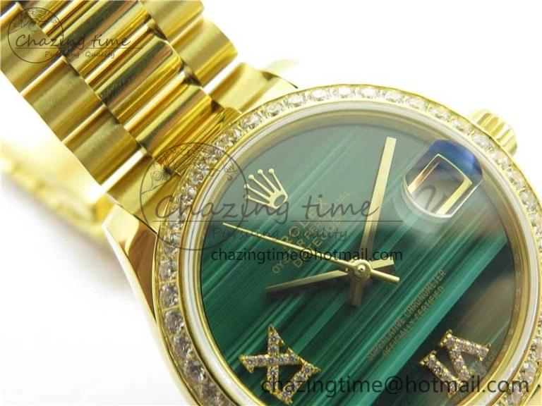Daydate 278288 31mm YG EWF Best Edition Green Malachite Dial Crystal Markers on YG President Bracelet ETA2688