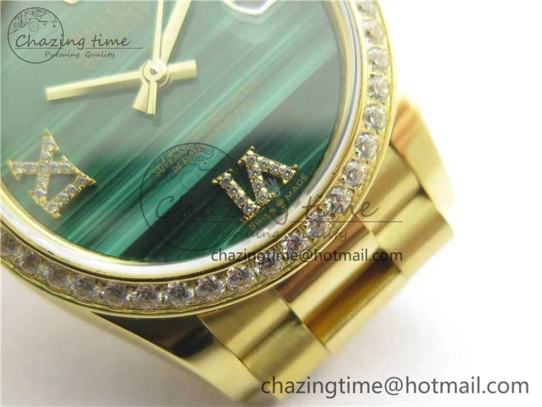 Daydate 278288 31mm YG EWF Best Edition Green Malachite Dial Crystal Markers on YG President Bracelet ETA2688