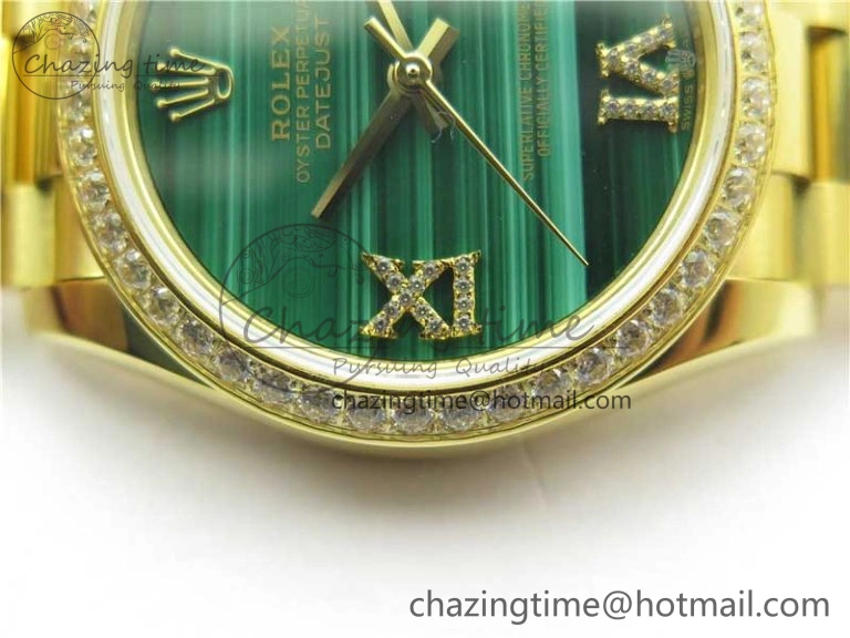 Daydate 278288 31mm YG EWF Best Edition Green Malachite Dial Crystal Markers on YG President Bracelet ETA2688
