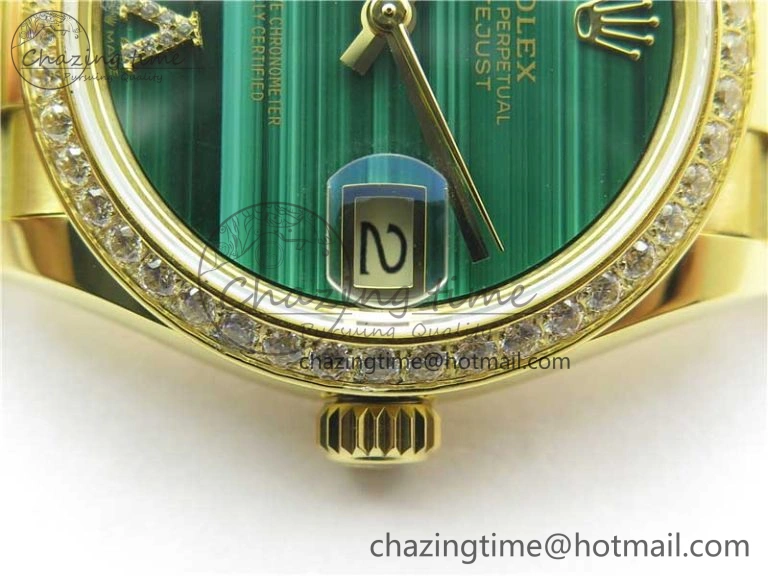 Daydate 278288 31mm YG EWF Best Edition Green Malachite Dial Crystal Markers on YG President Bracelet ETA2688