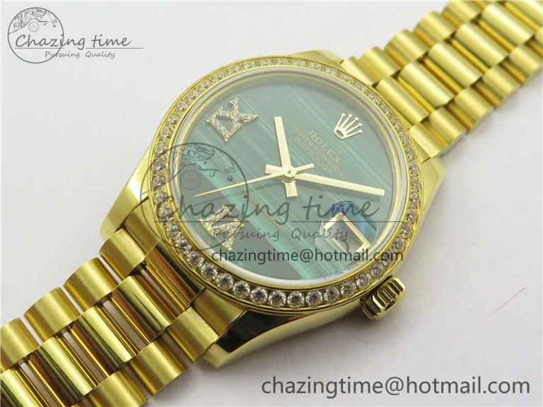 Daydate 278288 31mm YG EWF Best Edition Green Malachite Dial Crystal Markers on YG President Bracelet ETA2688