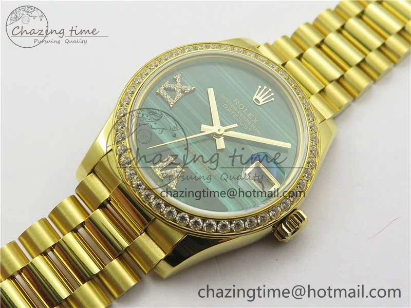 Daydate 278288 31mm YG EWF Best Edition Green Malachite Dial Crystal Markers on YG President Bracelet ETA2688