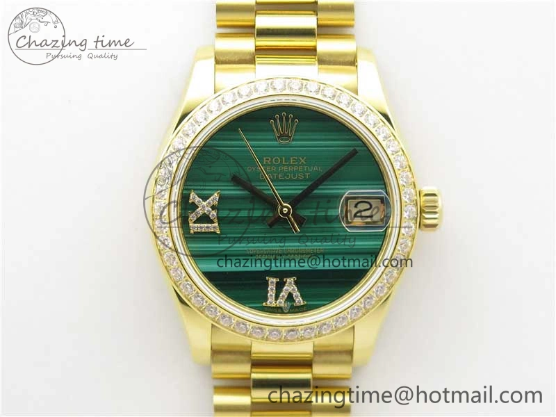 Daydate 278288 31mm YG EWF Best Edition Green Malachite Dial Crystal Markers on YG President Bracelet ETA2688