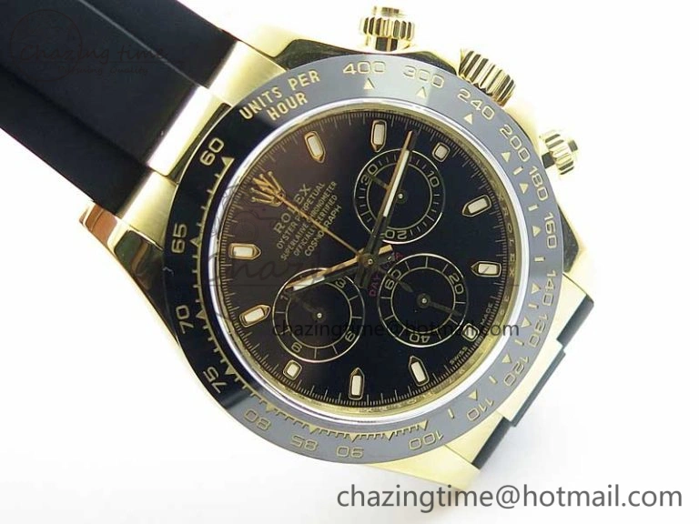 Daytona 116518 Noob 1:1 Best Edition YG Plated 904L SS Case Black Dial on Black Rubber Strap SA4130 V3 (Free Extra Strap)