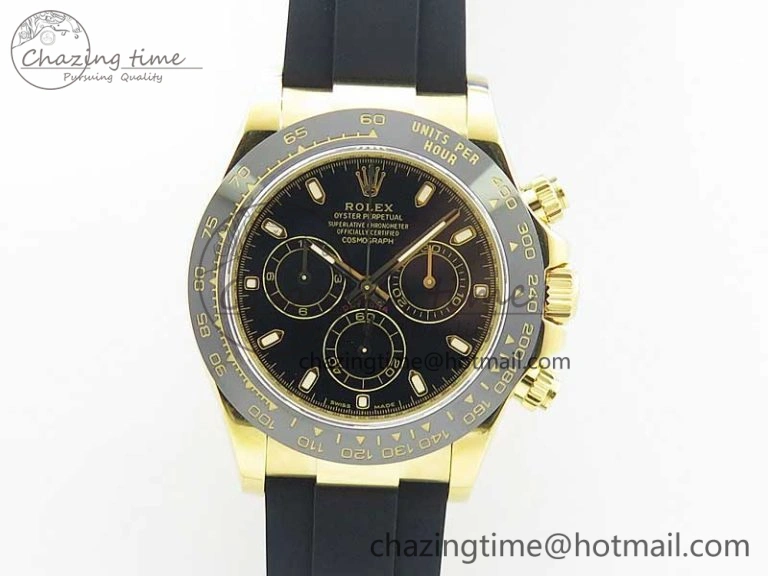 Daytona 116518 Noob 1:1 Best Edition YG Plated 904L SS Case Black Dial on Black Rubber Strap SA4130 V3 (Free Extra Strap)