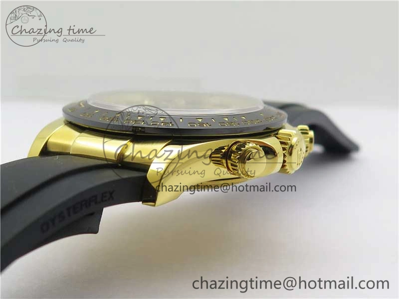 Daytona 116518 Noob 1:1 Best Edition YG Plated 904L SS Case Black Diamonds Dial on Black Rubber Strap SA4130 V4 (Free Extra Strap)