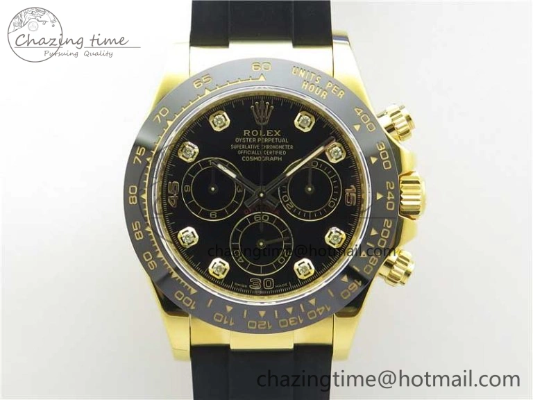 Daytona 116518 Noob 1:1 Best Edition YG Plated 904L SS Case Black Diamonds Dial on Black Rubber Strap SA4130 V4 (Free Extra Strap)