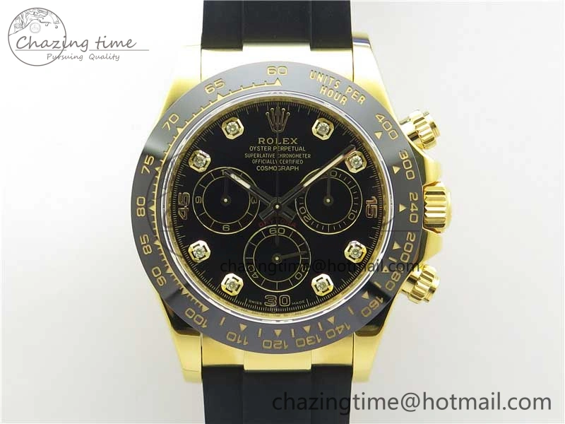 Daytona 116518 Noob 1:1 Best Edition YG Plated 904L SS Case Black Diamonds Dial on Black Rubber Strap SA4130 V4 (Free Extra Strap)