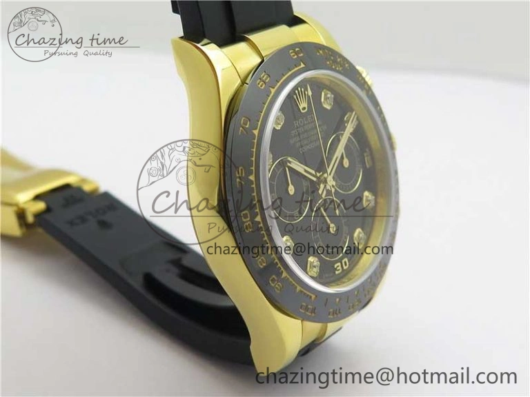 Daytona 116518 Noob 1:1 Best Edition YG Plated 904L SS Case Black Diamonds Dial on Black Rubber Strap SA4130 V4 (Free Extra Strap)