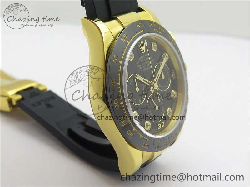 Daytona 116518 Noob 1:1 Best Edition YG Plated 904L SS Case Black Diamonds Dial on Black Rubber Strap SA4130 V4 (Free Extra Strap)
