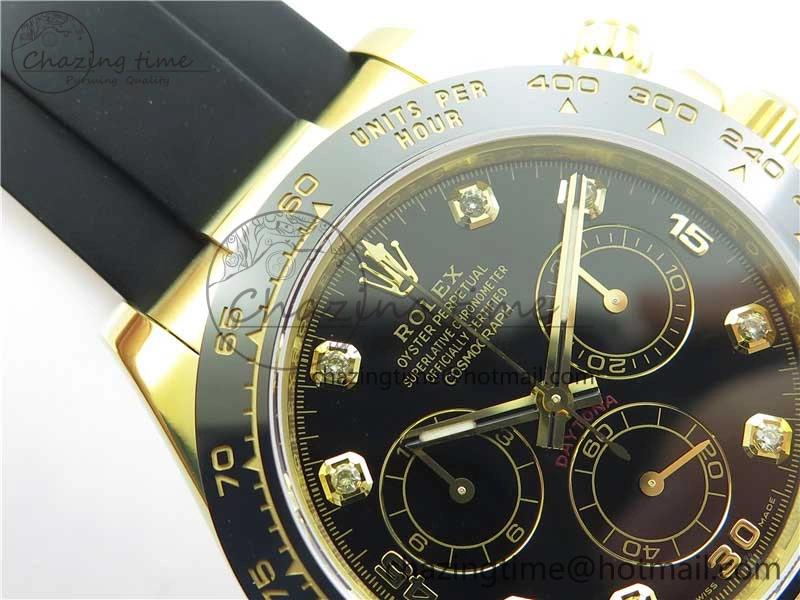 Daytona 116518 Noob 1:1 Best Edition YG Plated 904L SS Case Black Diamonds Dial on Black Rubber Strap SA4130 V4 (Free Extra Strap)