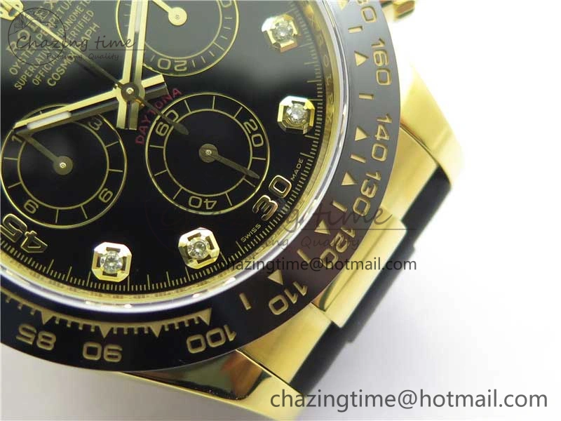 Daytona 116518 Noob 1:1 Best Edition YG Plated 904L SS Case Black Diamonds Dial on Black Rubber Strap SA4130 V4 (Free Extra Strap)