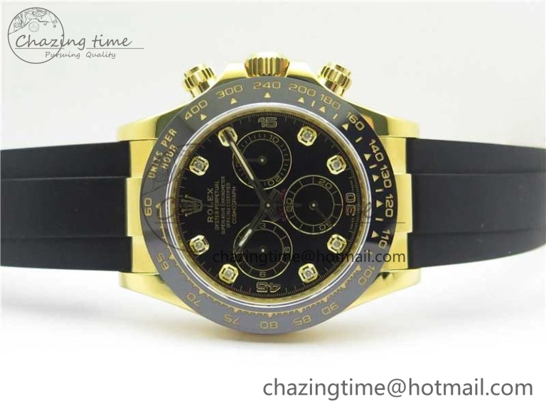 Daytona 116518 Noob 1:1 Best Edition YG Plated 904L SS Case Black Diamonds Dial on Black Rubber Strap SA4130 V4 (Free Extra Strap)