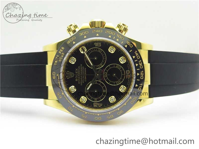 Daytona 116518 Noob 1:1 Best Edition YG Plated 904L SS Case Black Diamonds Dial on Black Rubber Strap SA4130 V4 (Free Extra Strap)