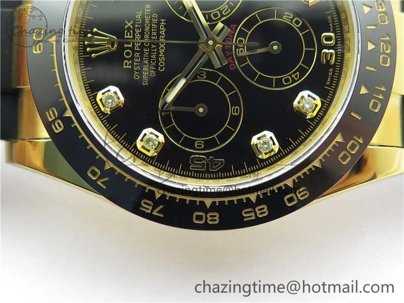 Daytona 116518 Noob 1:1 Best Edition YG Plated 904L SS Case Black Diamonds Dial on Black Rubber Strap SA4130 V4 (Free Extra Strap)
