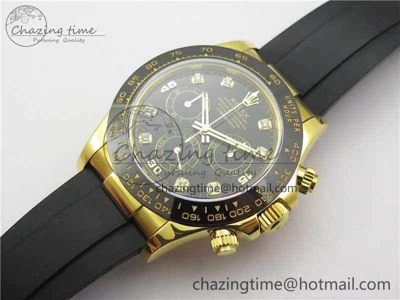 Daytona 116518 Noob 1:1 Best Edition YG Plated 904L SS Case Black Diamonds Dial on Black Rubber Strap SA4130 V4 (Free Extra Strap)